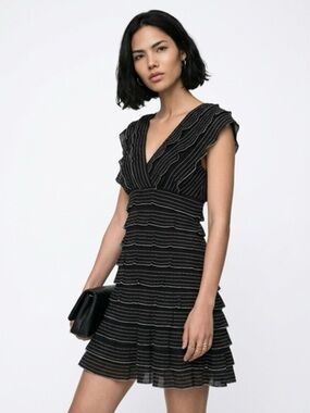 Max Studio Black and White Mini Dress Ruffle Stripe Sleeveless V-Neck S